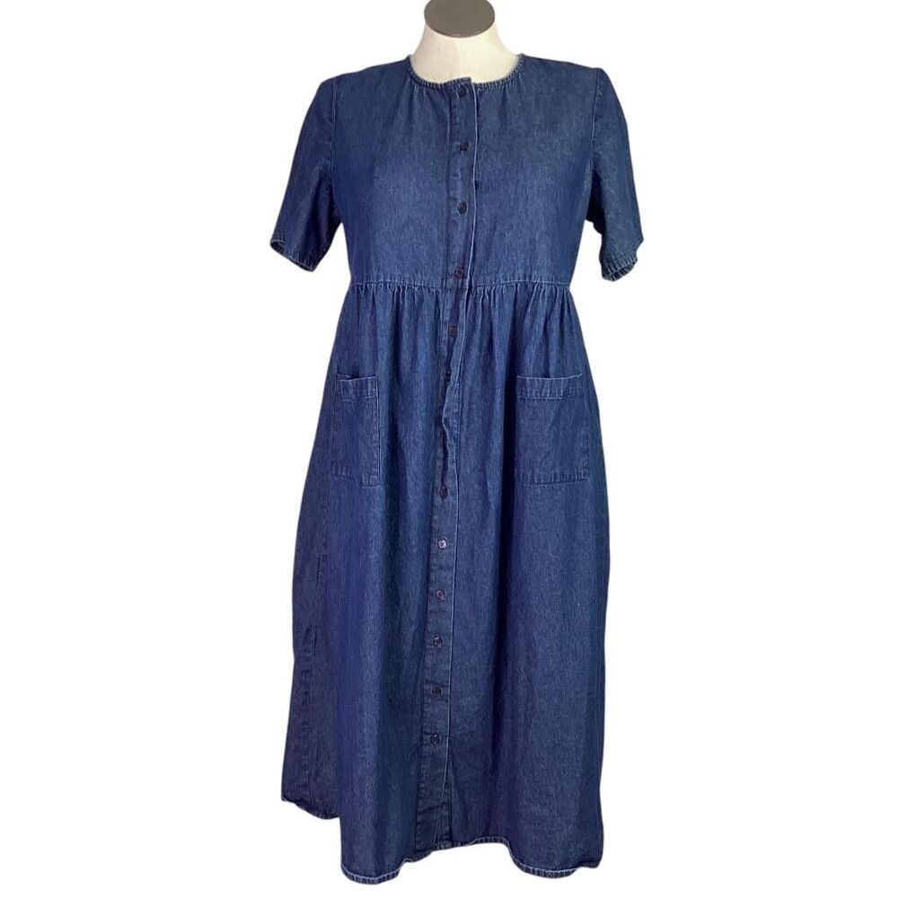 Woman Within Denim Dress Women 14W Blue Dark Cotton Pockets Short Sleeve Midi